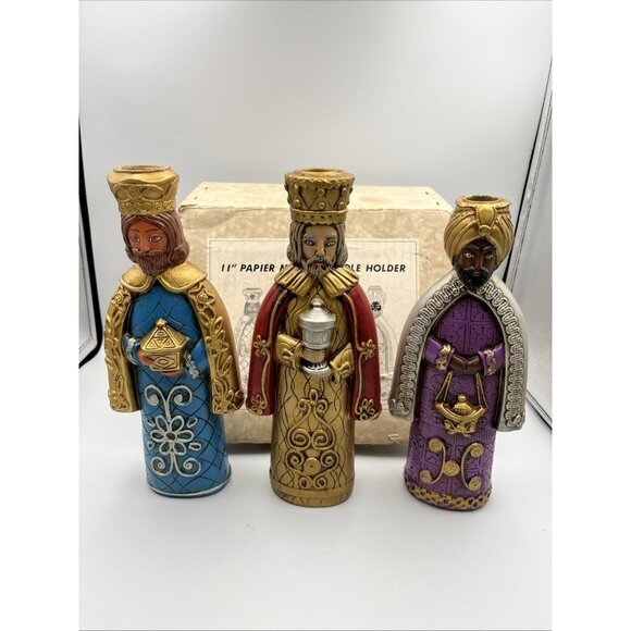 Vintage Creations by Manor House 11" Papier Mache Candle Holders Three Kings 3 - Picture 1 of 16
